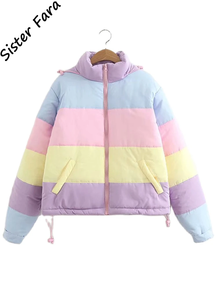 

Sister Fara Women Warm College Parka Female Winter Thicken Rainbow Contrast Women's Down Jacket Loose Padded Student Winter Coat