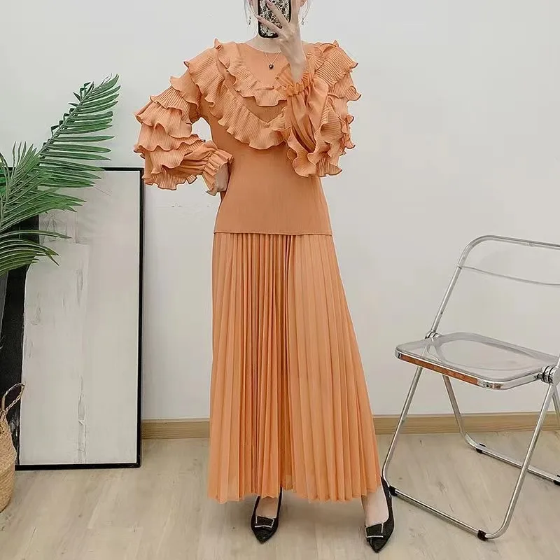 Женский костюм EGRM Miyake из двух предметов однотонный модный высокого качества с
