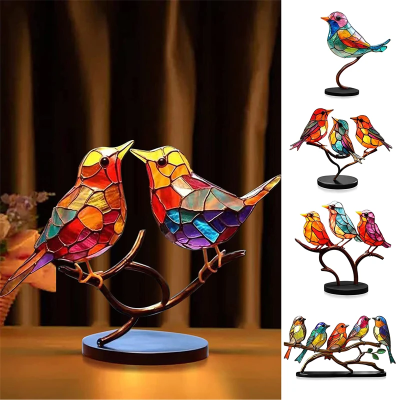 

Branch Sided Double Glass Art Craft Stained Shape Birds On Decorations Iron Ornaments 2023 Style Desktop Home Multicolor Animals