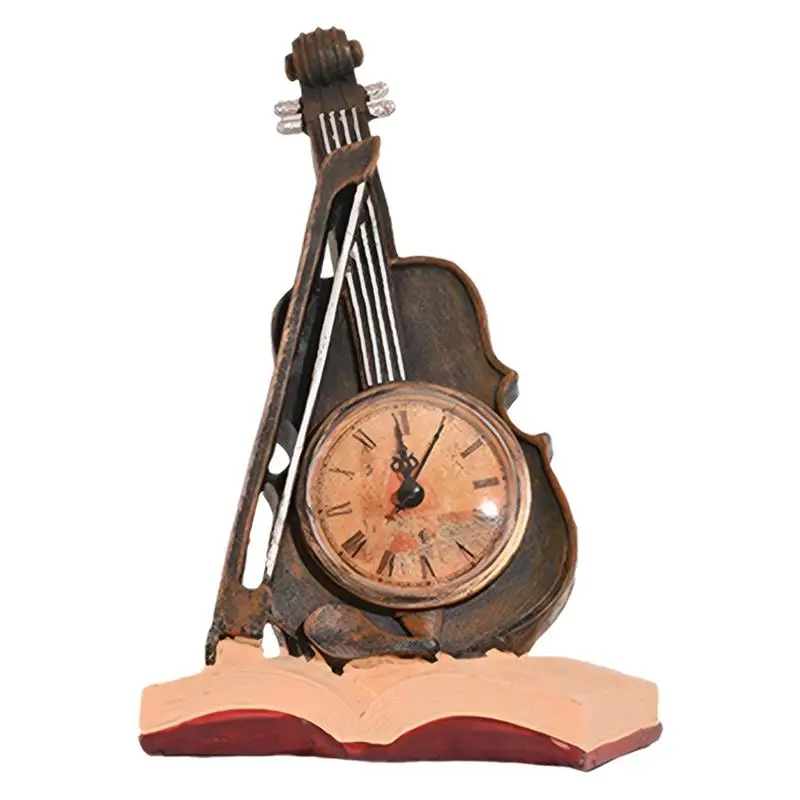 

Elegant Vintage Violin Clock Ornament Unique Emulational Musical Instrument Desktop Clock Violin Statue For Home Decoration