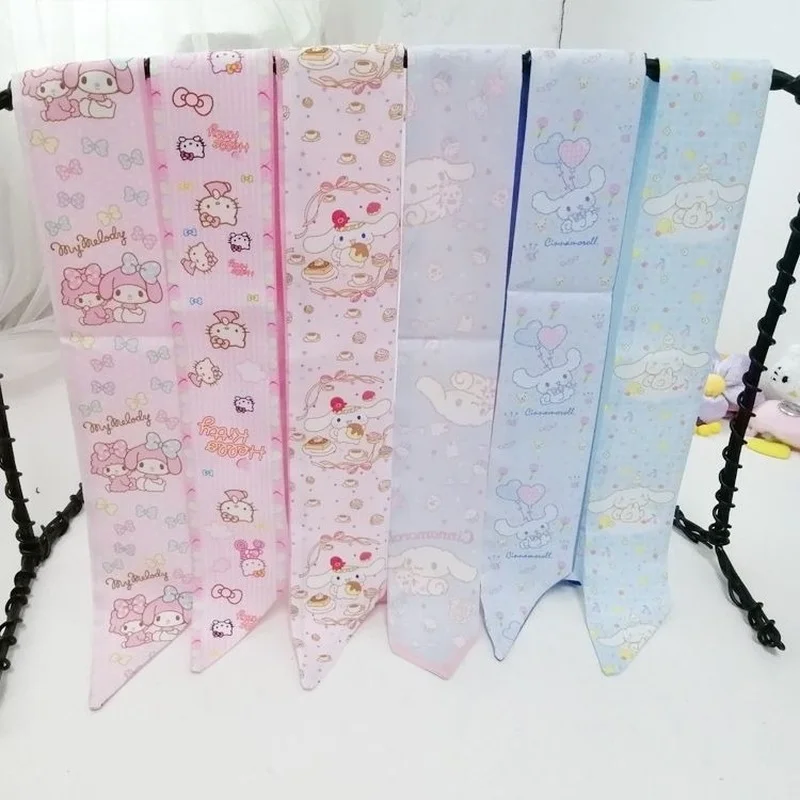 

Sanrio Cute Narrow Thin Long Scarves Bag Hello Kitty Cinnamoroll Melody Bowknot Headband Tied Hair Small Silk Scarf Cartoon