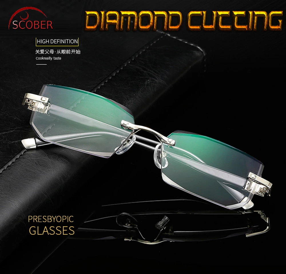 

= SCOBER = Noble Elegant Diamond Cutting Gray lenses Men Women Rimless Reading Glasses +0.75 +1 +1.25 +1.5 +1.75 +2 +2.25 to +4