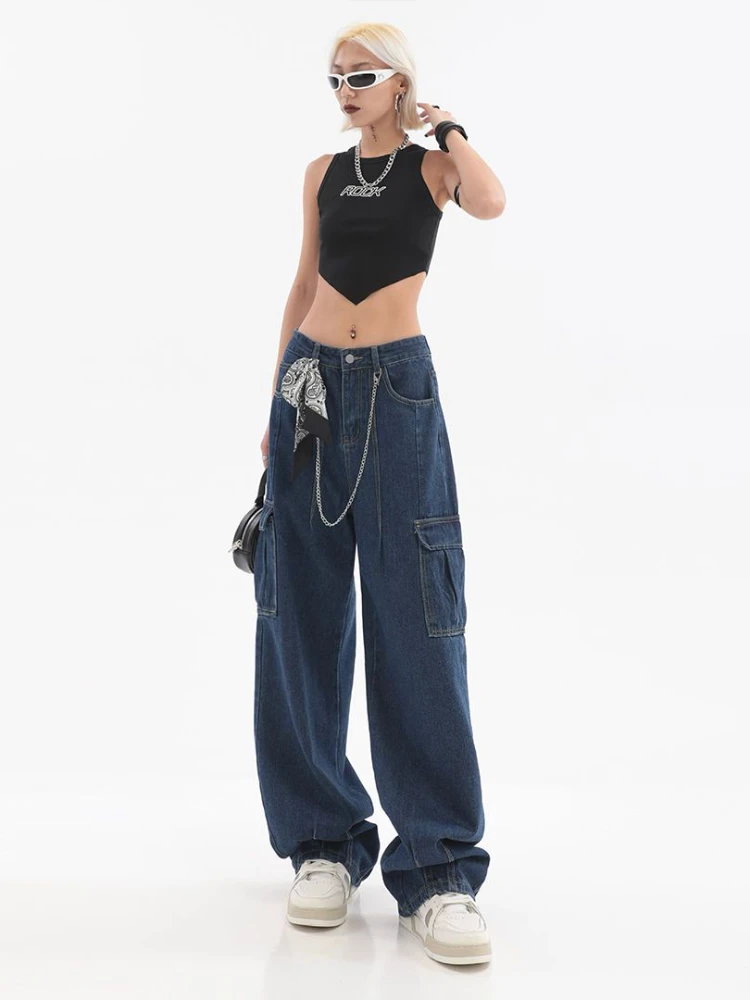 ADAgirl High Waisted Jeans Women Streetwear Vintage Baggy Multi-pocket Blue Wide Leg Cargo Pants Y2k Casual Mujer Denim Trousers