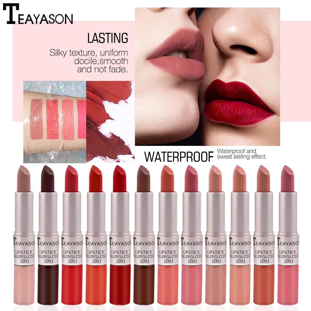 

2 in1 Double-ended Non-stick Matte Lip Gloss Waterproof Long-lasting Silky Texture Non-fading Lipstick Korean Makeup for Female