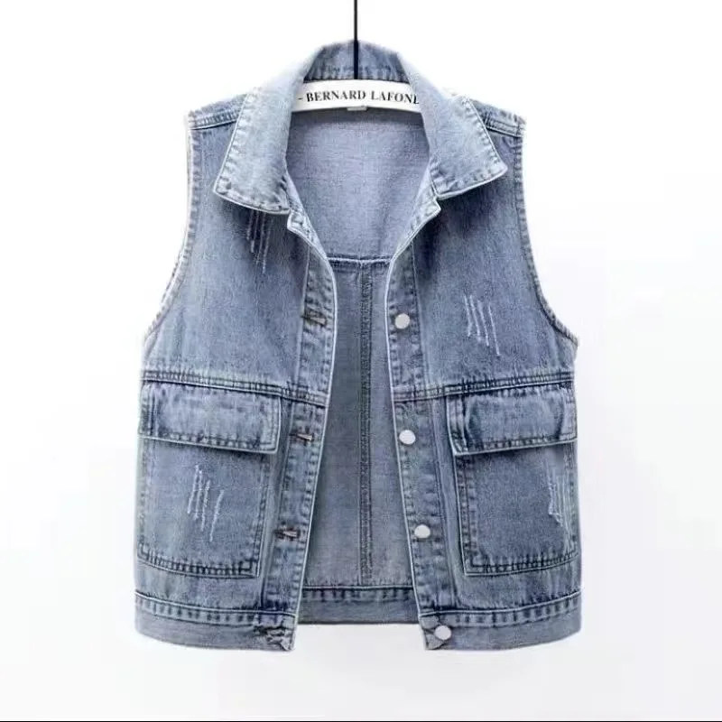 

Woman 2022 Denim Vests Autumn Sleeveless Jackets Casacos De Inverno Feminino Turn Down Collar Jacket Pocket Chalecos S-5XL Mujer