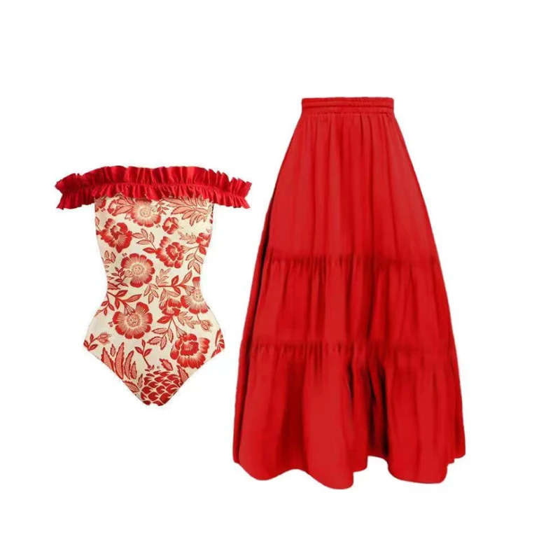 

Красный слитный купальник с рюшами и плоским вырезом для женщин, сексуальный купальник-монокини с цветочным принтом, лето 2023, купальный костюм, пляжная одежда