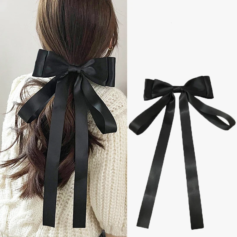 

High Quality Large Vintage Satin Bow Hairclip Hair Accessories Black Long Ribbon Big Bowknot Hairpin Tassels Streamers Headdress