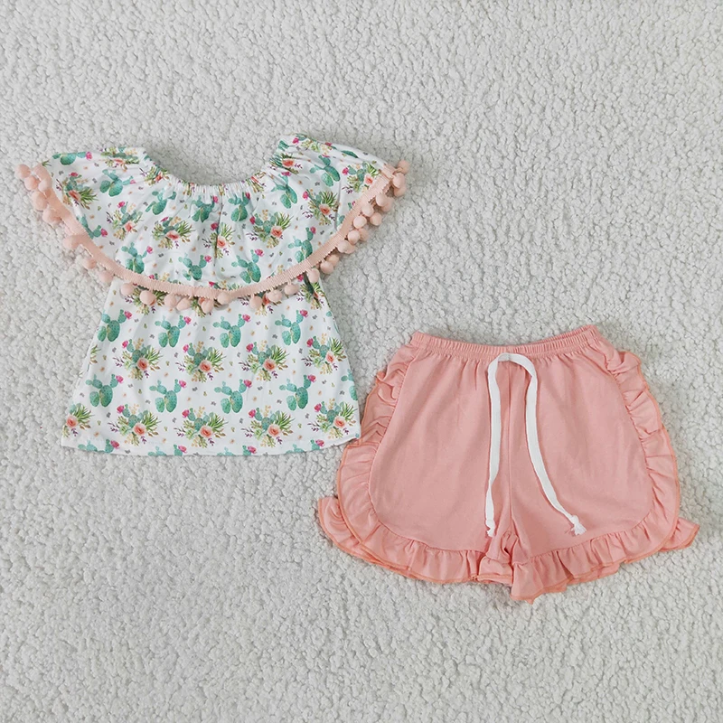 

Wholesale Baby Girl Cactus Clothing Children Summer Lotus Leaf Collar Plush Ball Top Toddler Pink Cotton Shorts Kid Outfit Set
