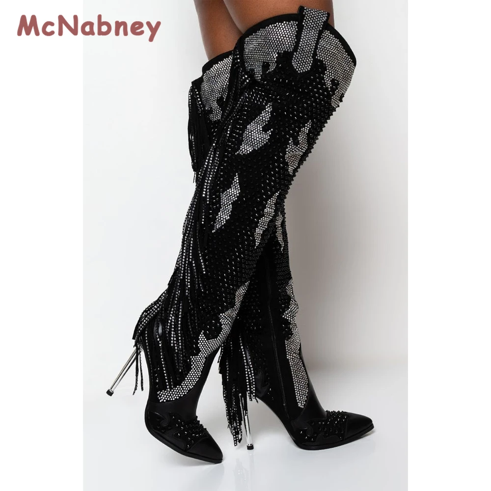 

Fashion Rhinestone Women's High Boots Pointed Toe Over The Knee Boots Women Boots Tassel High Heels Stiletto Ladies Party Shoes