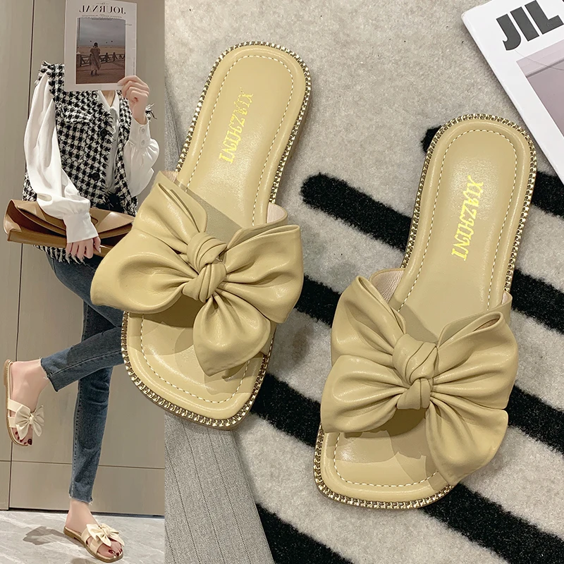 

DOGHC 2022 NEW Boutique Bow Tie Web Celebrity Slipper For Women Summer Outside Wear Comfortable Non-Slip Sandals With Flat Heels