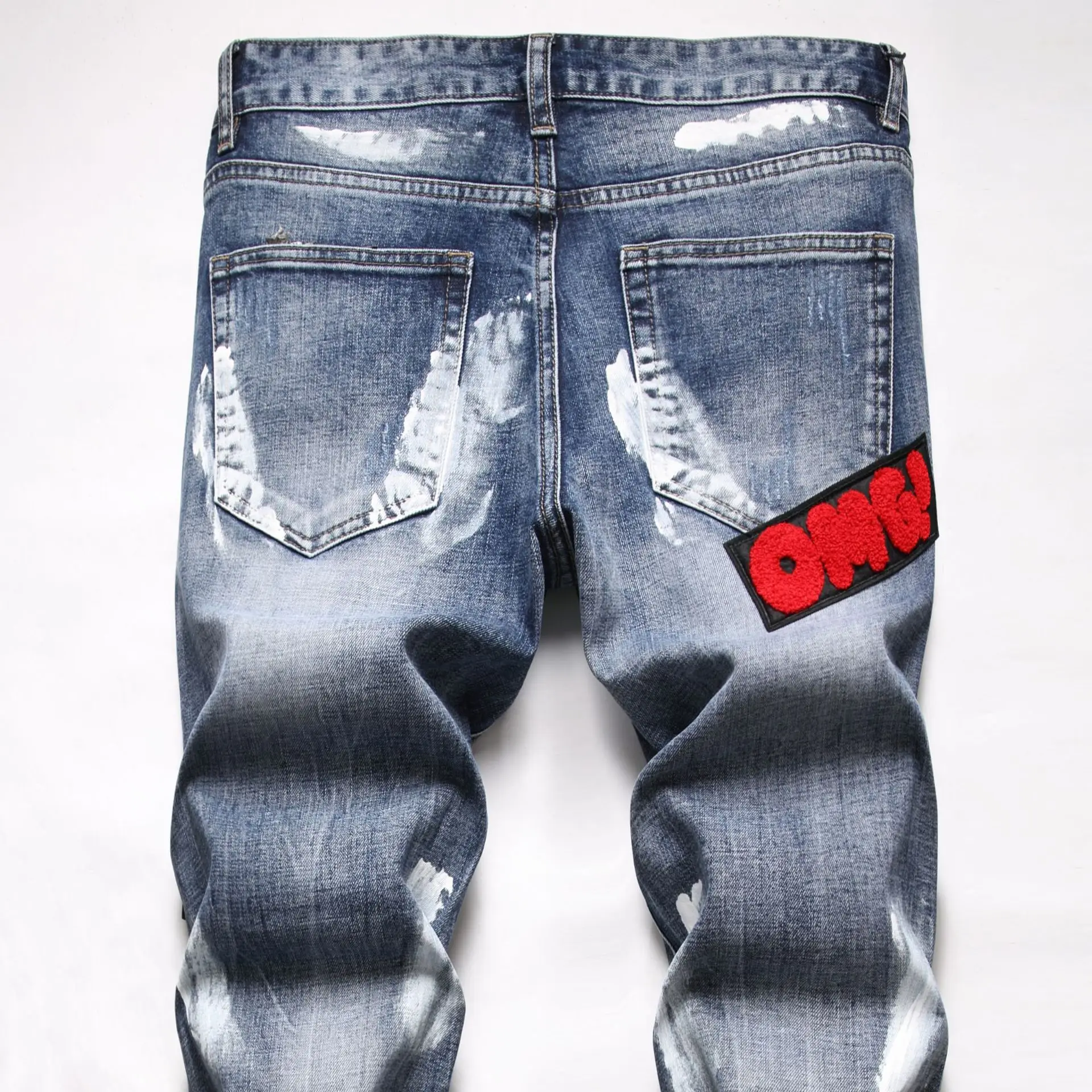 New Fashion Men's Ripped Jeans Autumn Winter Embroidery Straight Slim Trend Beggar Pants Biker Destroyed Denim Trousers
