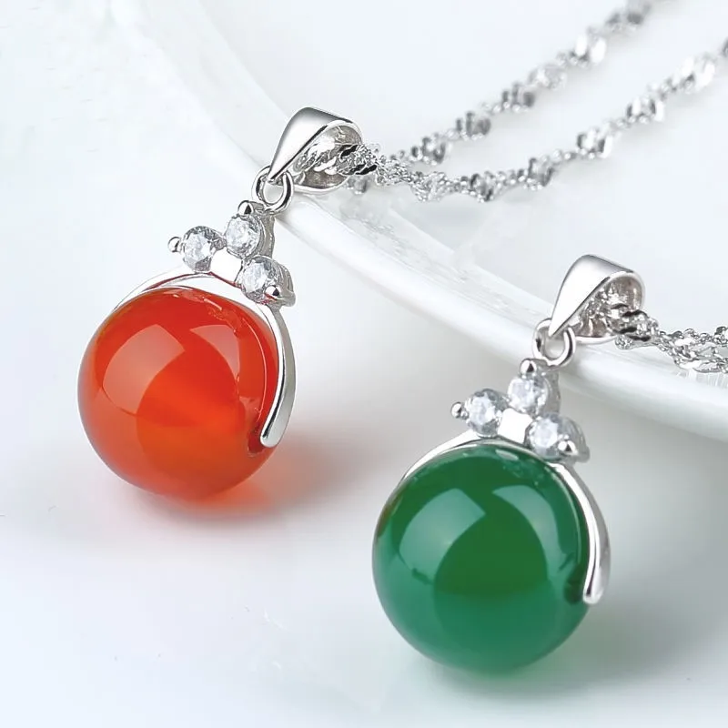 

Natural Green Jade Chalcedony Round Agate Pendant 925 Silver Necklace Chinese Carved Charm Jewelry Fashion Amulet for Women Gift