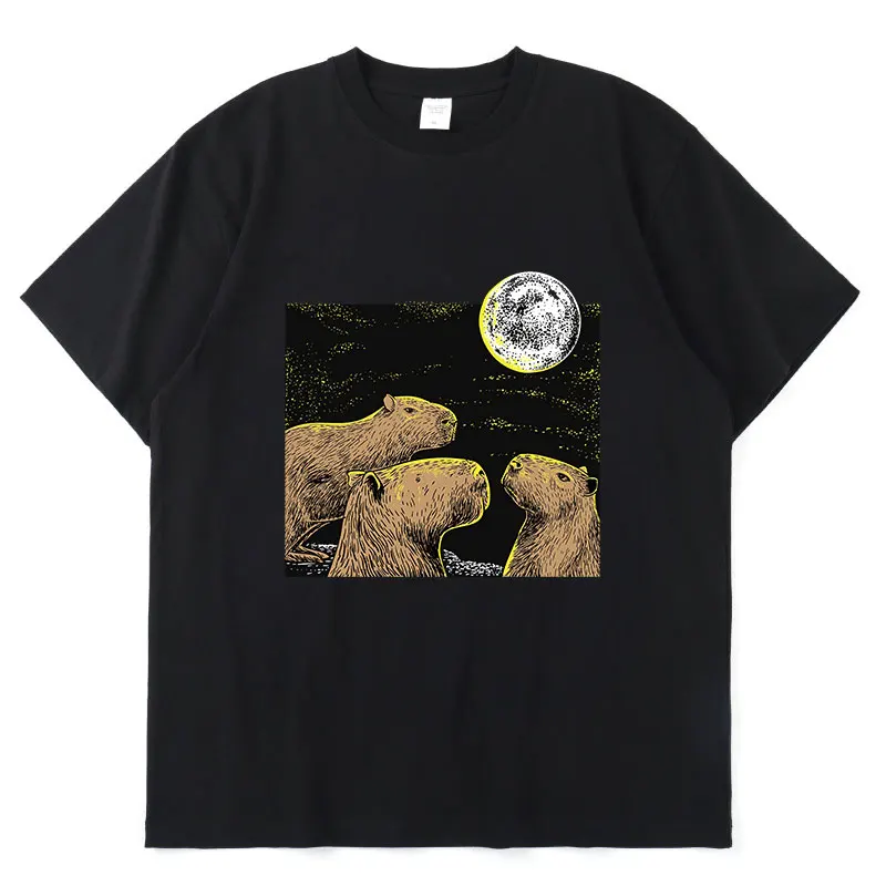 

Three Moon Capybaras Shirt Sloth Ferret Lovers 2022 New Cute Animal Print Summer Short Sleeve Casual Loose Couple T-Shirt Simple