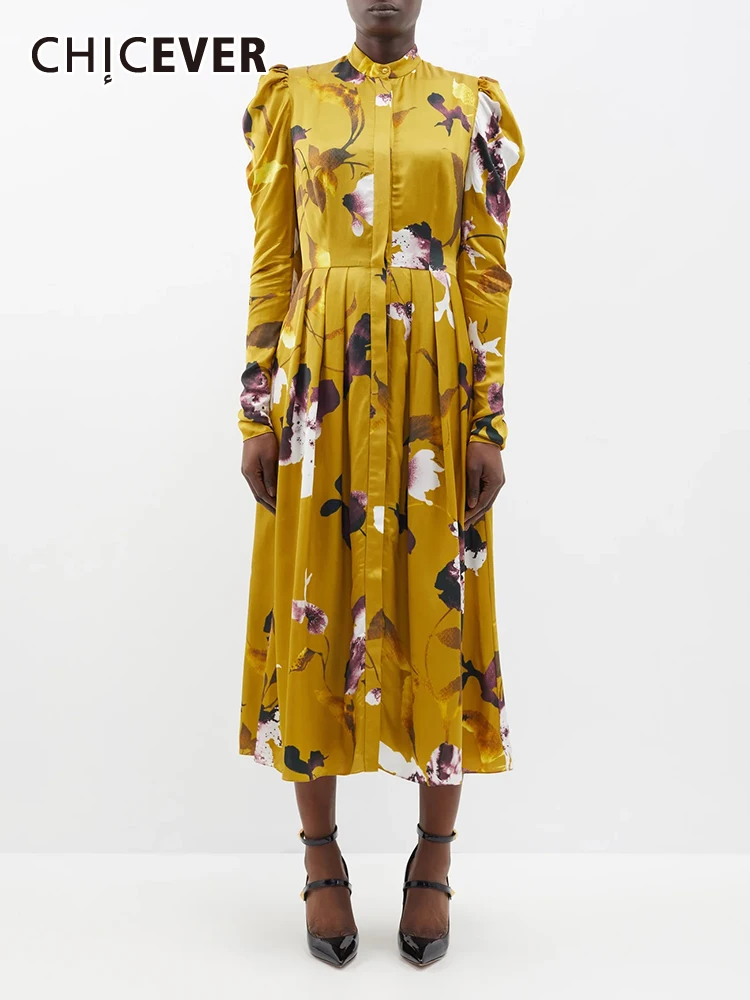 

CHICEVER винтажные платья с принтом для женщин с воротником-стойкой и длинным рукавом с высокой талией элегантное темпераментное цветное Платье женское Новое