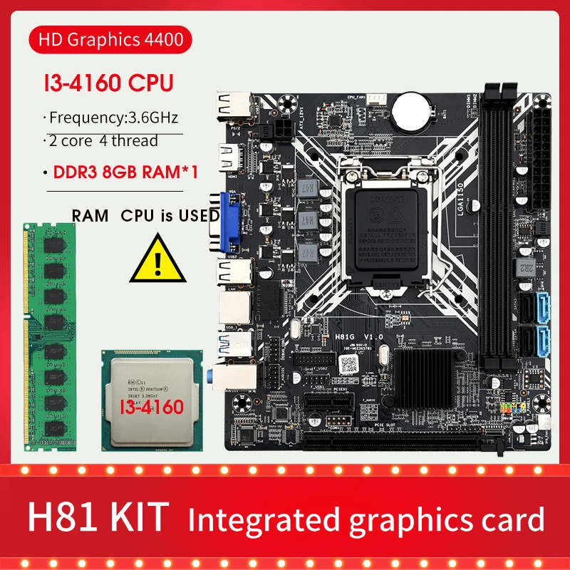 

H81 Mainboard LGA 1150 with core I3-4160 processor DDR3 8GB 1600MHz PC RAM memory ,support USB3.0 SATA3.0