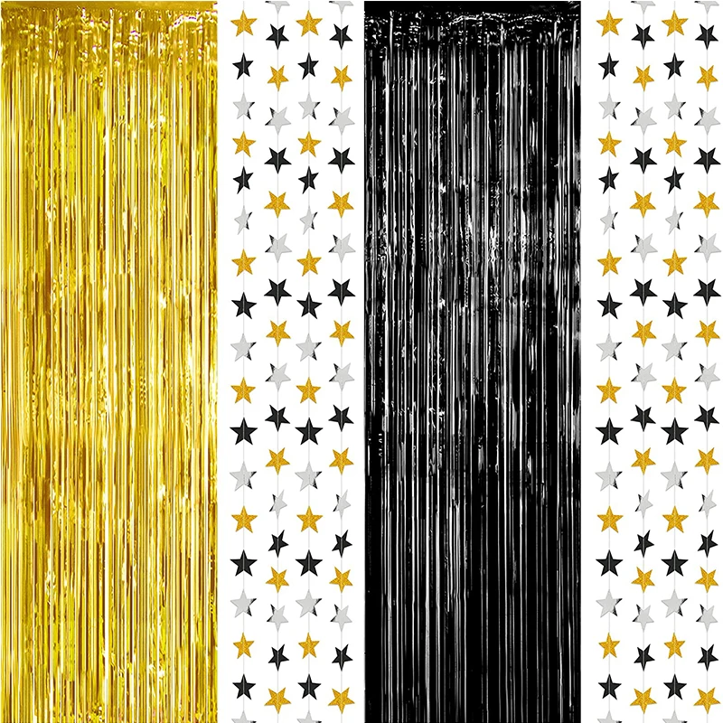 

Birthday Party Decorations Star Backdrop Curtains Glitter Black Gold Tinsel Fringe Foil Curtain Background Wedding Anniversary