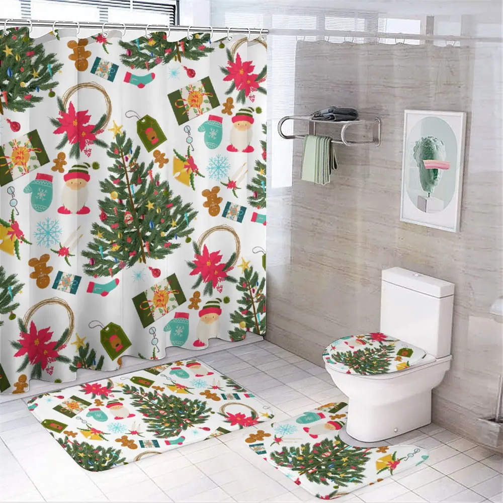 

4 Pcs Bathroom Accessories Sets with Shower Curtain, Toilet Lid Rug, Contour Mat and Bath Mat