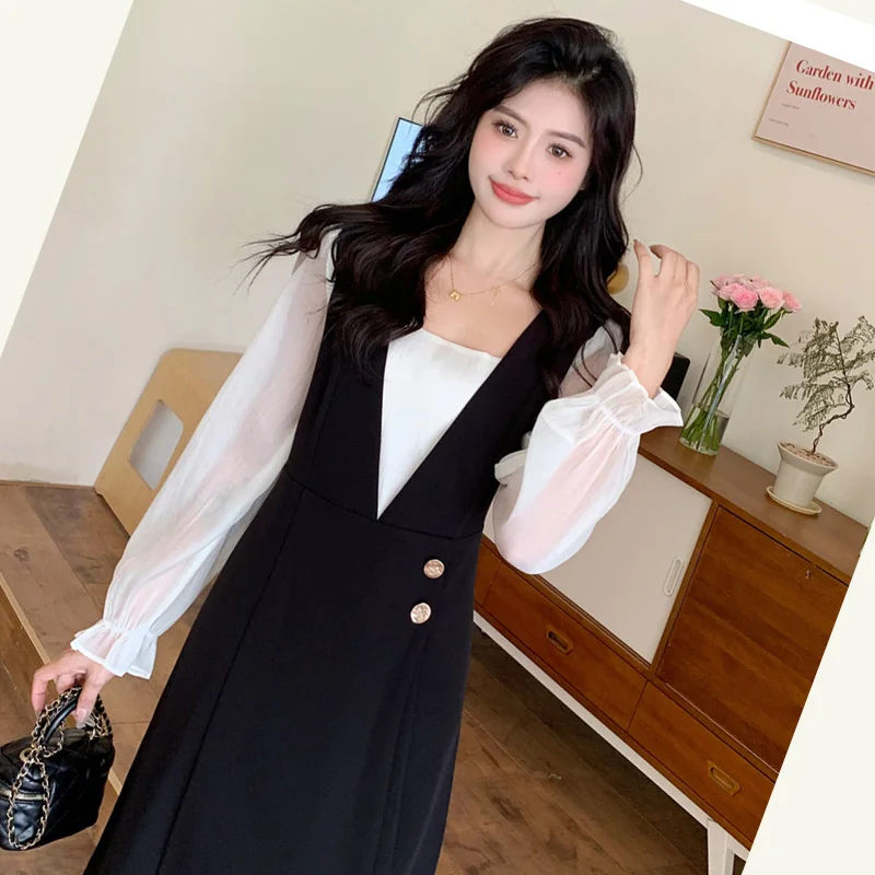 Осень-зима женские искусственные платья из двух частей с квадратным воротником