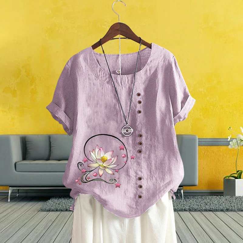 

2022 New Arrival Ladies Casual Linen T Shirt Beautiful Flower Printed Loose Blouse Round Neck Short Sleeve Solid Tops XS-5XL