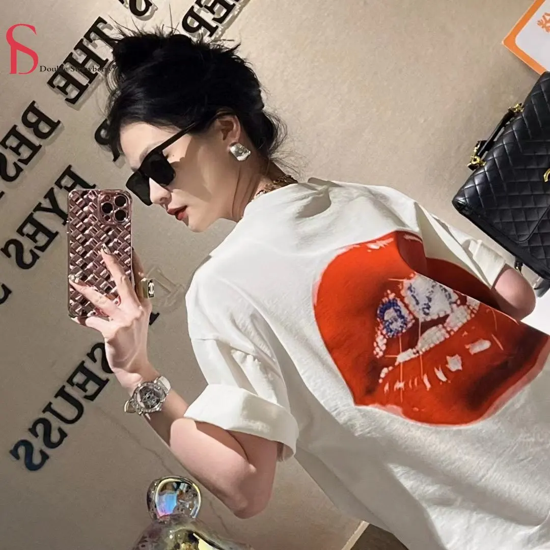 

Женская свободная футболка с коротким рукавом, с 3D-принтом губ