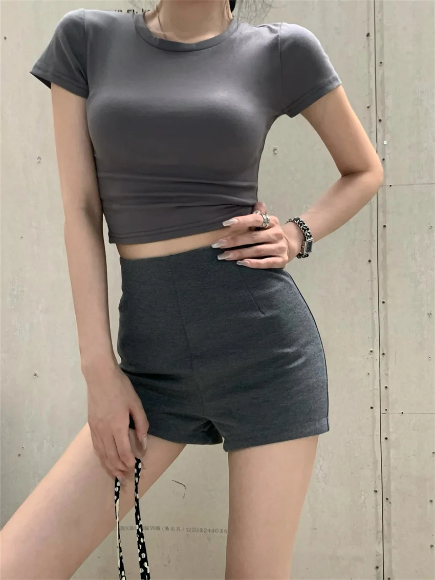 Футболка женская облегающая с завышенной талией однотонная лето 2024