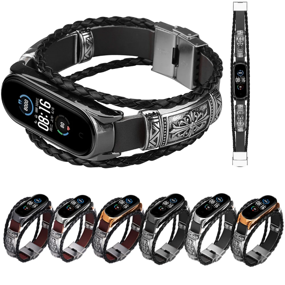 Leather Weave Wristband For Xiaomi Mi Band 5 4 3/5 NFC Smart Bracelet Metal Frame Watchbands Accessories For Miband 5 3 4 Straps