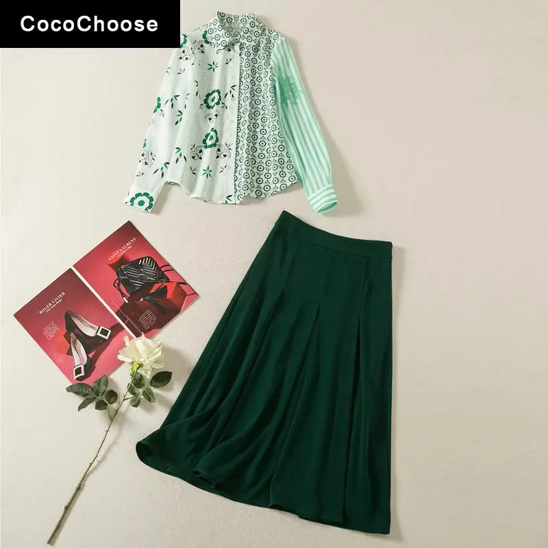 

Elegant Green Dress Sets Womens 2 Piece Outfits Spring Summer 2022 Fashion New Business Floral Shirts Top With Midi Skirt Suits