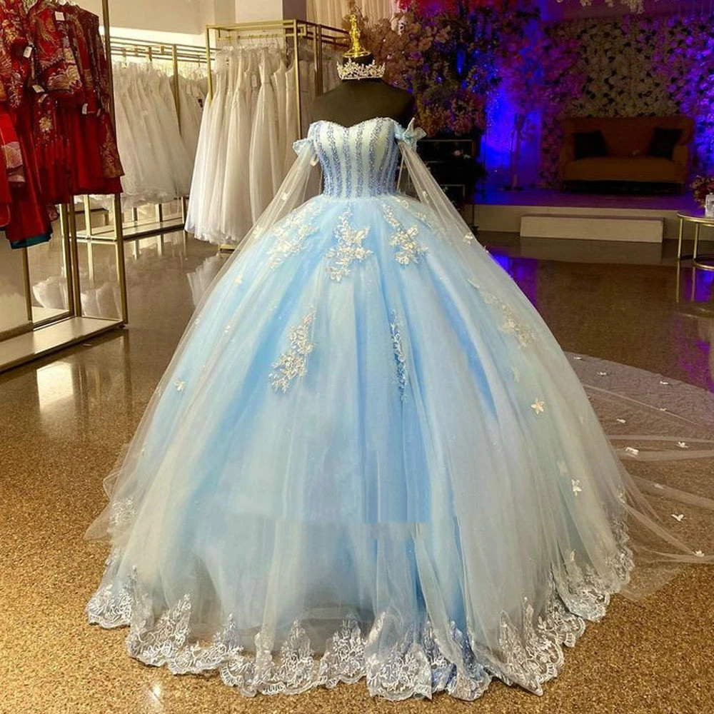 

ANGELSBRIDEP Light Blue Pearls Crystal Princess Quinceanera Dress With Cape Ball Gown Appliques Sweet 15 Vestidos De XV Anos