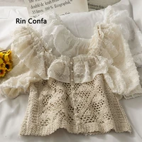 rin confa sweet bubble sleeves top summer retro falbala join together womens t shirt pearl button new style hollow out tops