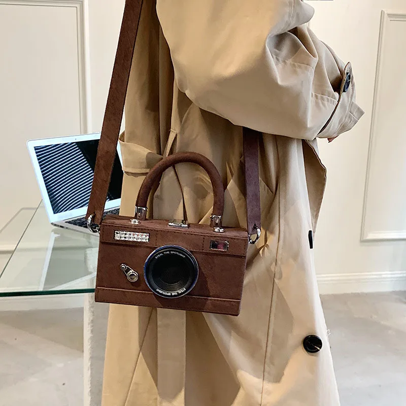 Camera Wide Shoulder Bags for Women Vintage Nubuck Leather Purses and Handbags Unusual Messenger Bag Creative Party Small Bag