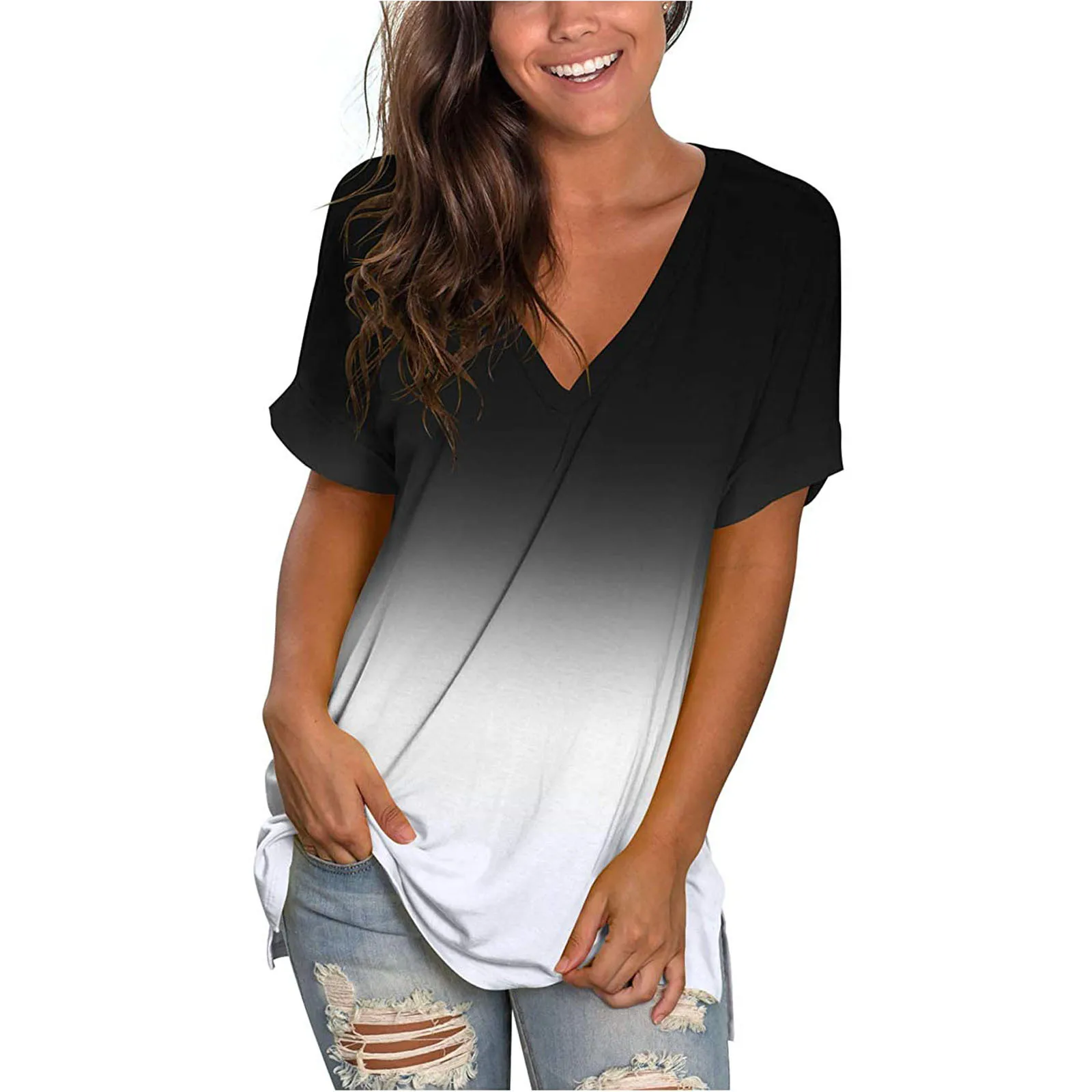 

V-neck T-shirt Women's Summer Casual Oversized Print Shirt Top Loose Female Fashion Tee Gradient Clothes Y2k Short Oversized Tee