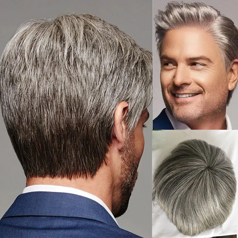 

Toupee For Mens Human Hair Replacement System Q6 Swiss Lace Front Toupee Men's Wigs 100%Human Hair Toupee #260 Grey Color 10x8