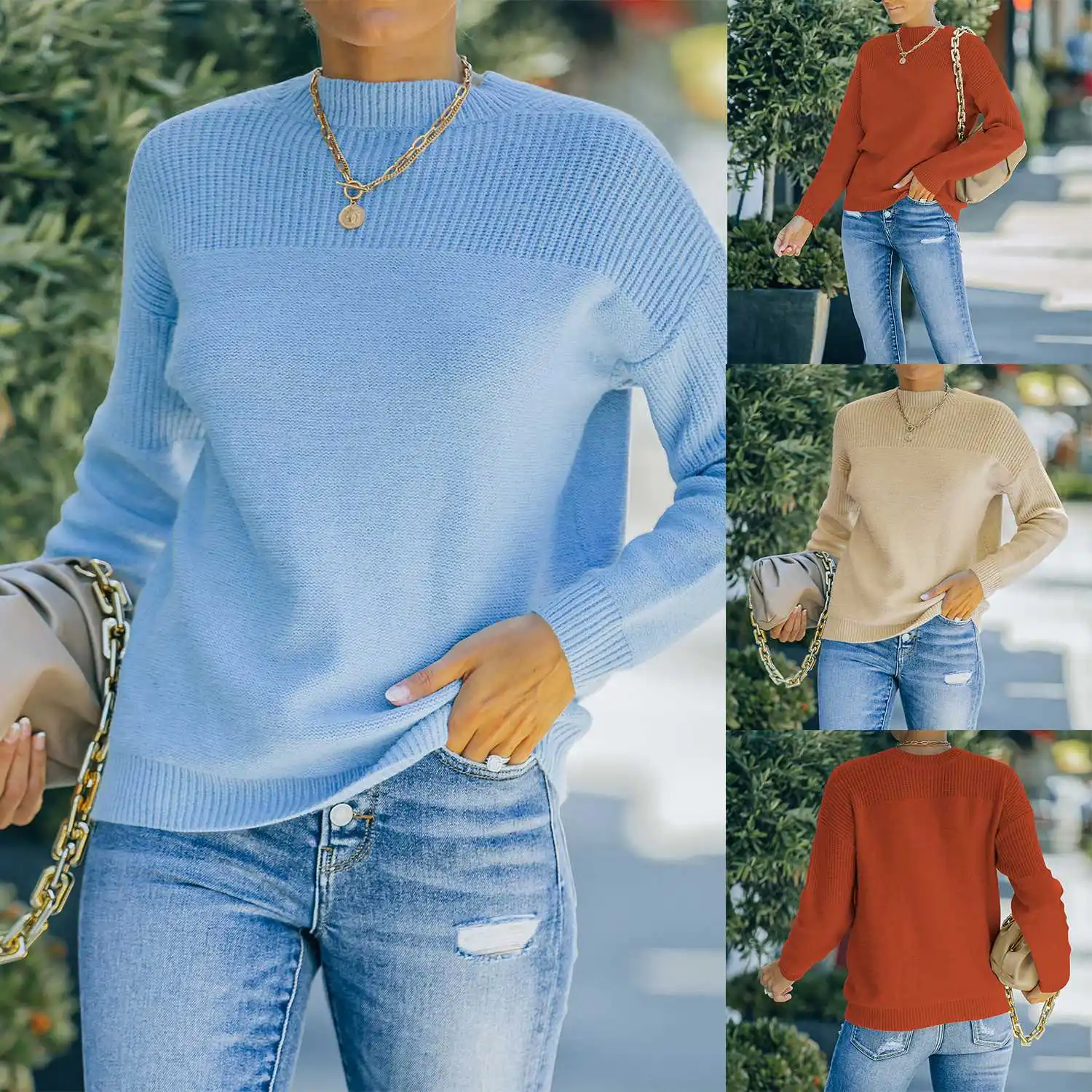 

Популярный Повседневный осенне-зимний свитер Kf с круглым вырезом, пуловер, Женский Теплый женский свободный базовый свитер с длинным рукав...