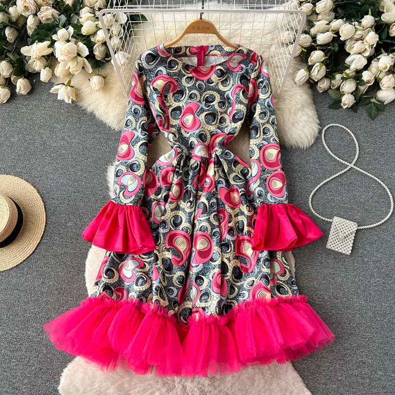 

Design round neck long sleeve Large hem printed dress Women's mesh Splicing Puff Dress dresses for women 2023