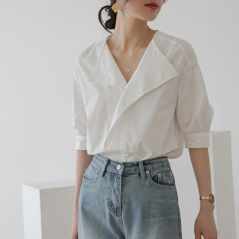 

Korean style design niche white shirt women's short-sleeved top