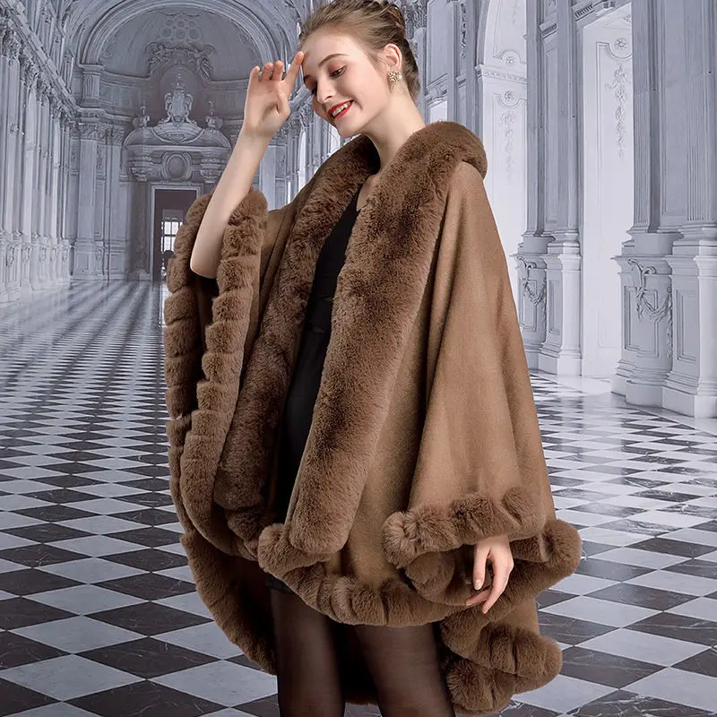 Luxury Haining Rex Rabbit Fur Cape for Women Woolen Poncho Coat with Cashmere Collar Knitted Cape Shawl jacket coats thick Q405