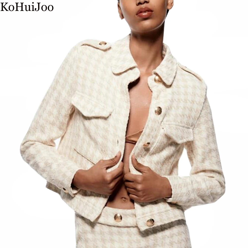 

KoHuiJoo Tweed Jacket Women Woolen 2022 Spring Autumn Turn-down Collar Single Breasted Slim Epaulet Pockets Short Coat Female