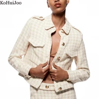 kohuijoo tweed jacket women woolen 2022 spring autumn turn down collar single breasted slim epaulet pockets short coat female