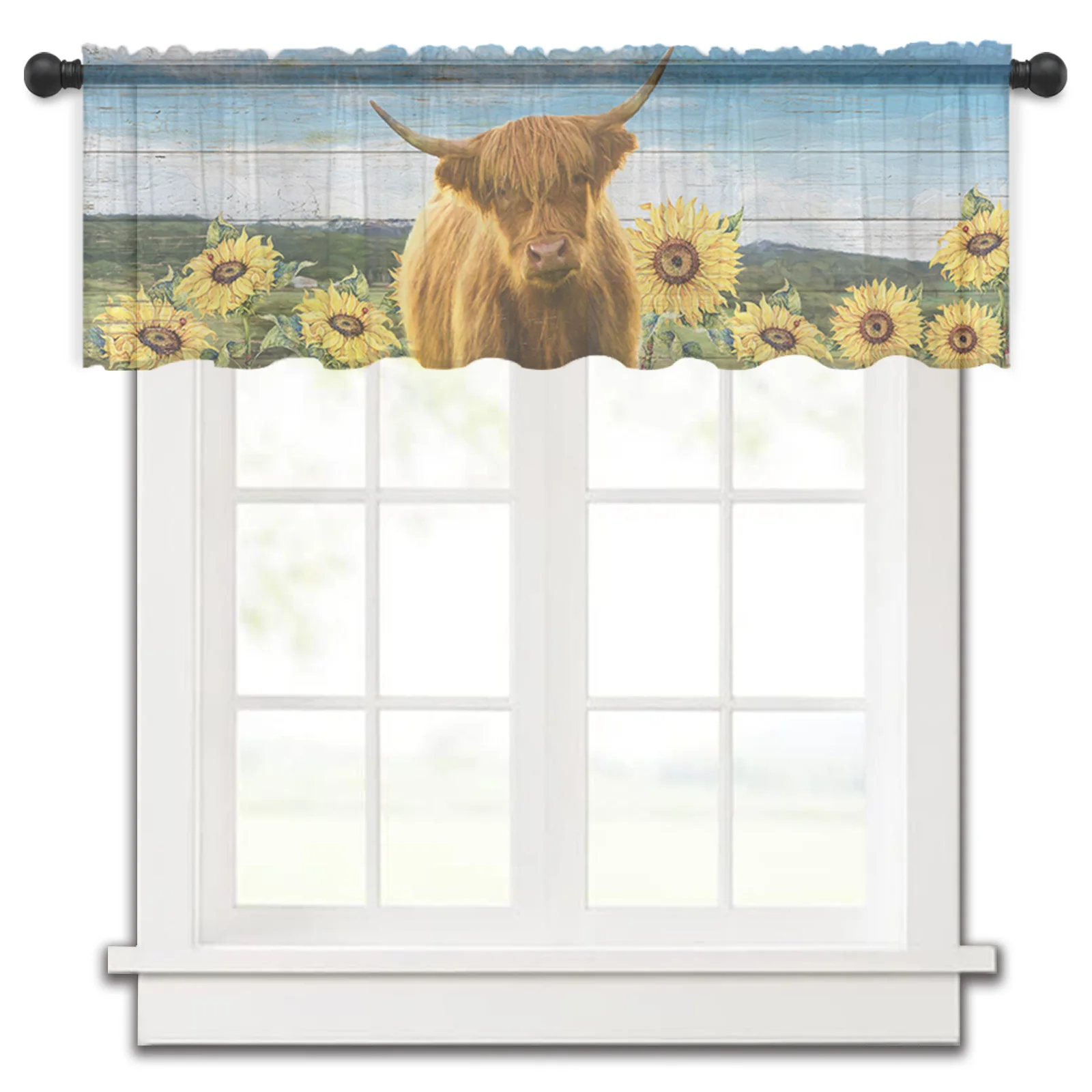 

Highland Cow Sunflower Idyllic Wood Texture Kitchen Curtains Tulle Sheer Short Curtain Bedroom Living Room Decor Voile Drapes