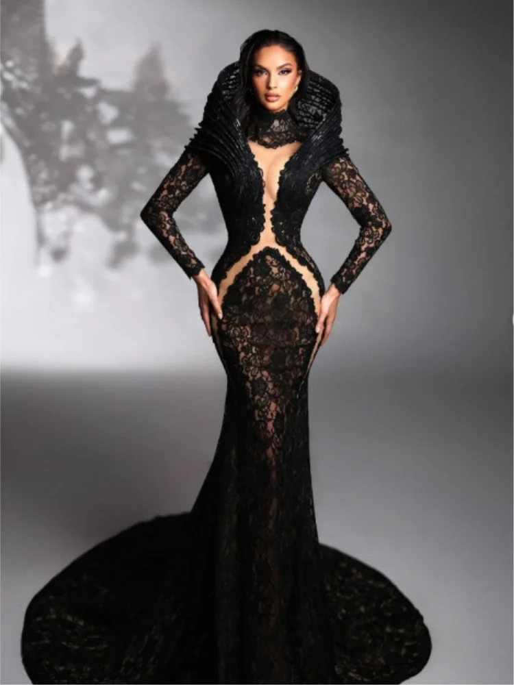 Элегантное Вечернее Платье-русалка черного цвета женское кружевное модное
