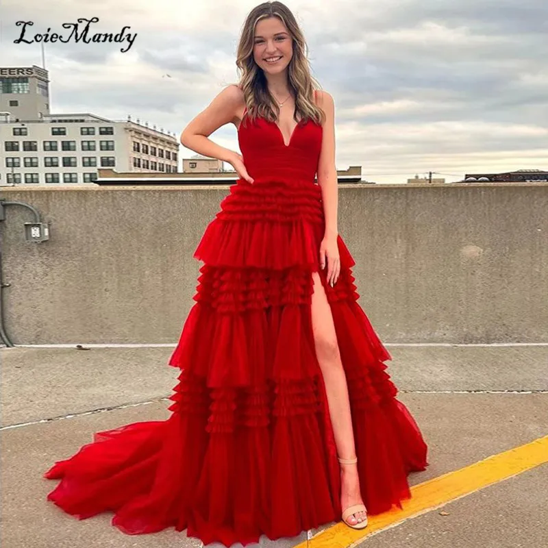

Tiered Tulle Red Evening Dresses Long 2024 Sexy V-neck Backless Pageant Dress Party For Women High Split Vestidos de noche