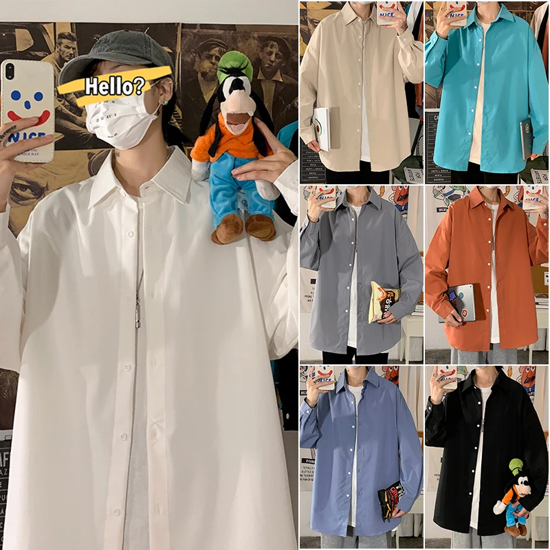 

Hybskr New Long Sleeve Shirt Men Loose Casual Large Size Tops Blouses Cool Solid Korea Button Sleeved Basic Shirts Streetwear