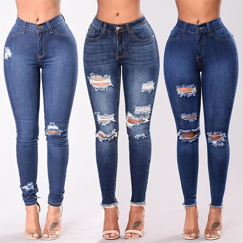 

2020 Women Jeans Newest Hot Stretch Skinny Ripped Hole Denim Female Slim High Waist Pencil Trousers Elegant Lady Button Bottom