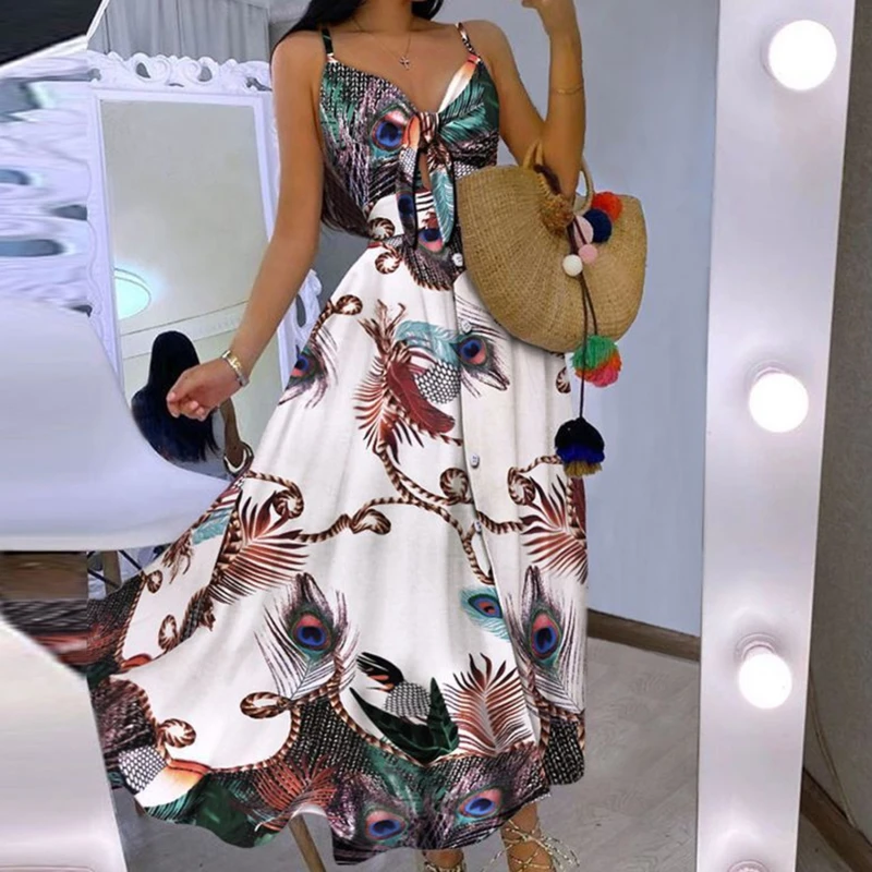 

Women Sling Long Dress Summer Boho Sleeveless Party Dresses Beach Floral Print Dress Casual Ladies V-Neck Dresses 2022