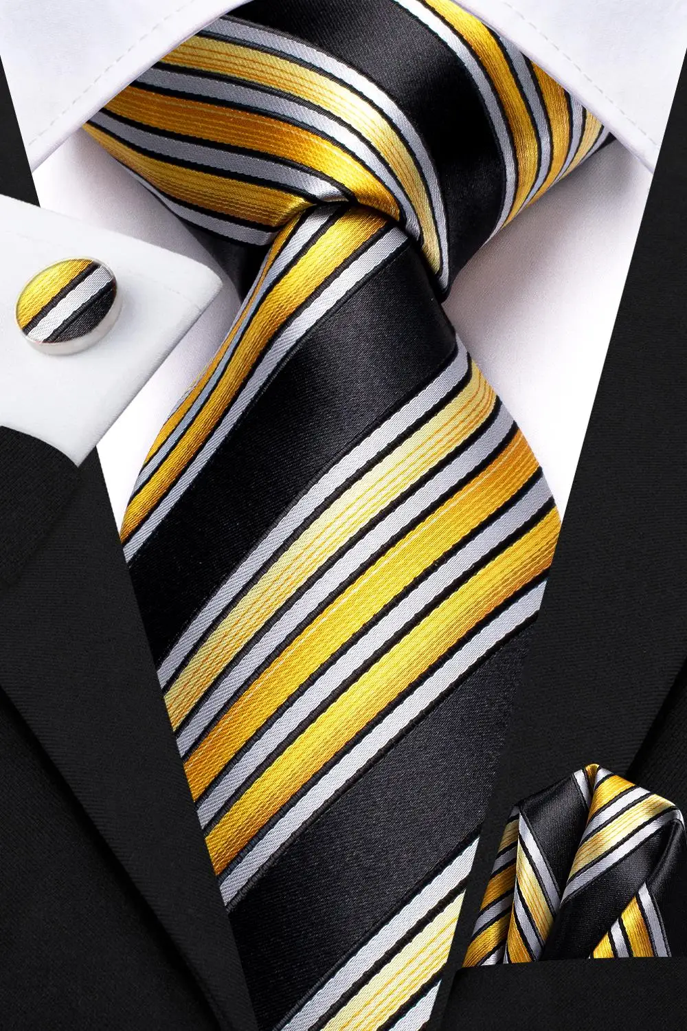 Полосатый желтый черный Шелковый Свадебный галстук для мужчин Handky Cufflink подарок