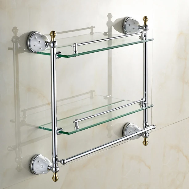 

Chrome Shelves Tempered Double Glass Shelf Towel Rack Shower Storage Wall Shelf Solid Brass Gold Bath Holder Towel Bars 5216