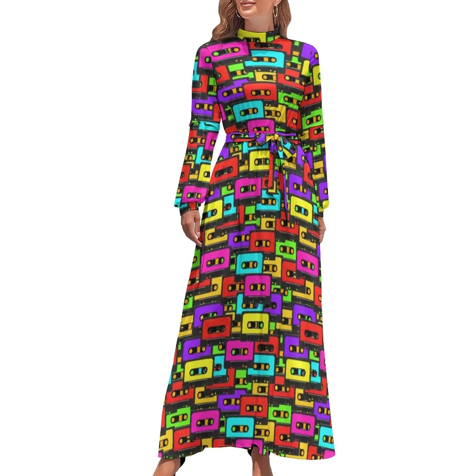 

Music Dress Long-Sleeve Colorful 80s Audio Tapes Kawaii Maxi Dress High Waist Aesthetic Print Beach Long Dresses Gift Idea
