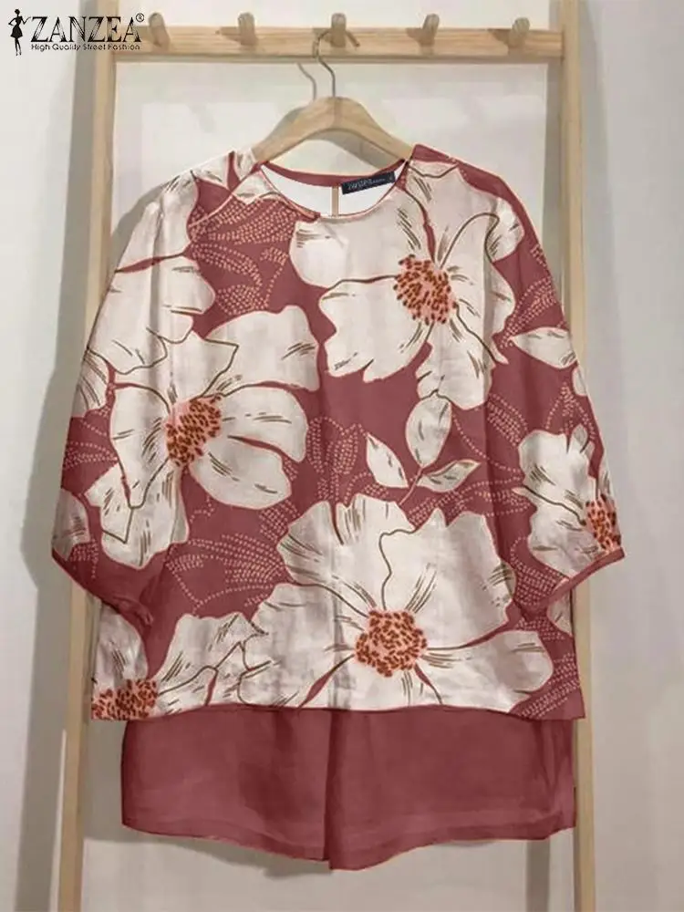 Летний женский короткий костюм ZANZEA 2 шт. богемный спортивный с коротким рукавом