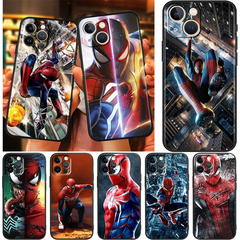 

Marvel Spiderman Art For Apple iPhone 13 12 11 Pro Max Mini XS Max X XR 6 7 8 Plus 5S SE2020 Soft Black Phone Case Capa Cover