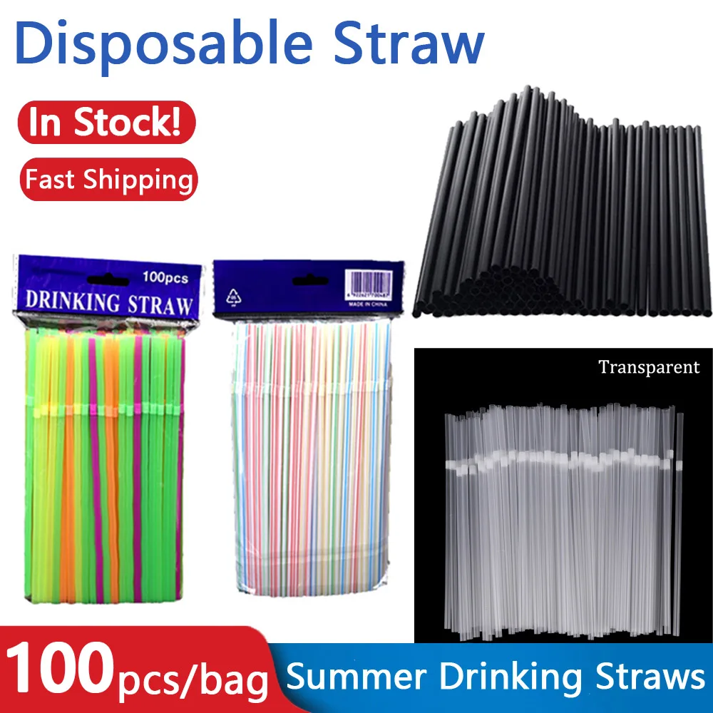 

100Pcs 4 Models Plastic Straws Black Beverage Disposable Straw Kitchenware Party Bar Transparent Cocktail Drinking Rietjes White
